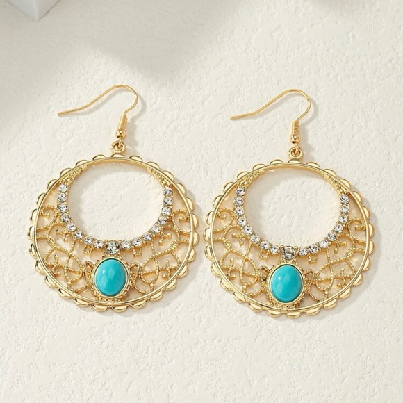 Rhinestone Round Drop Earrings - Picture 2 of 6